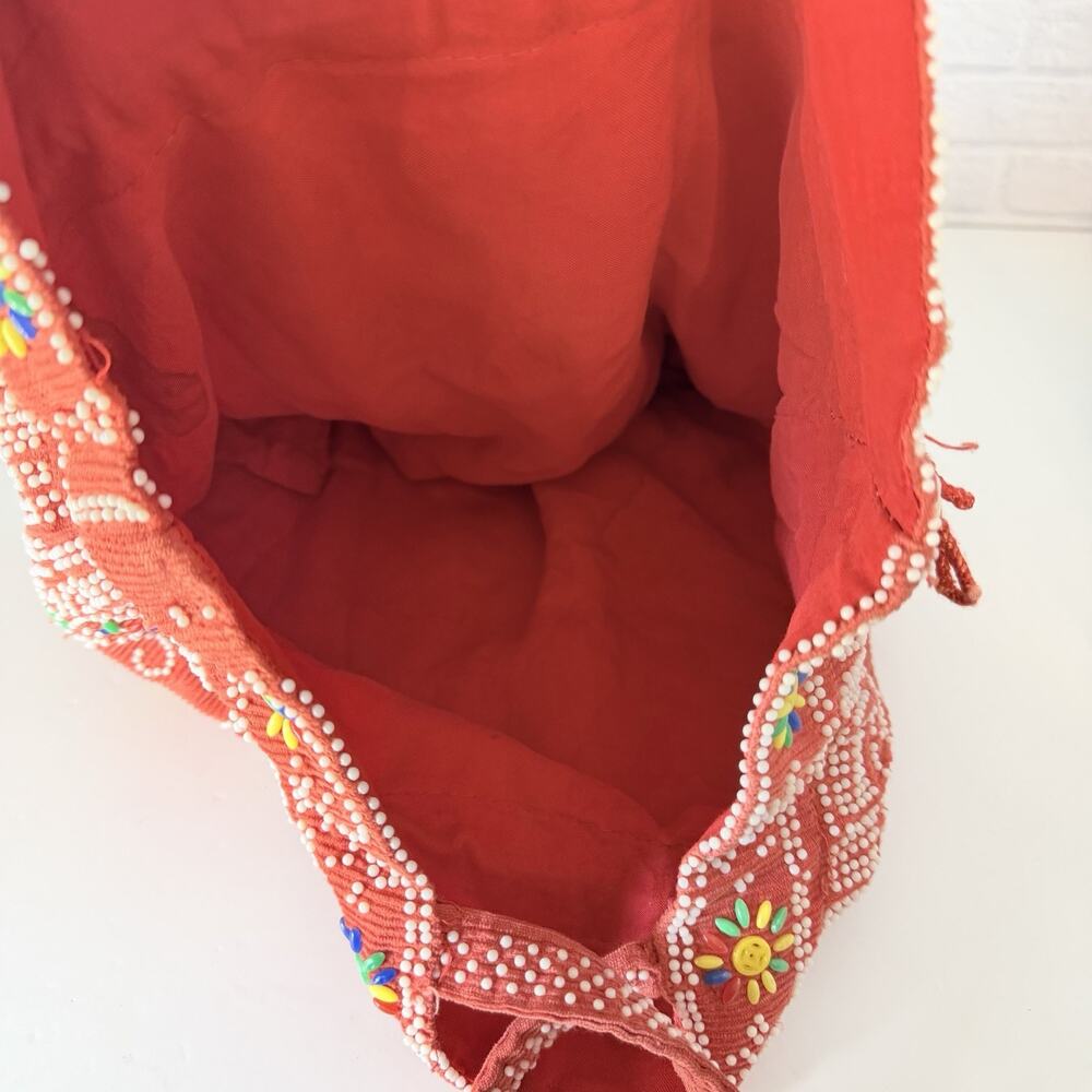 Vintage Red Beaded Peacock Purse Retro Boho Hippie Handmade Seed Beads 70's - Picture 6 of 6